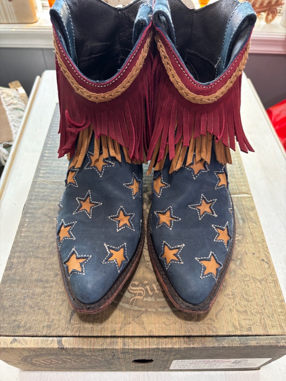LIBERTY Black Res Vegas Russian Blue Western Fringe Patriotic Ankle Boots